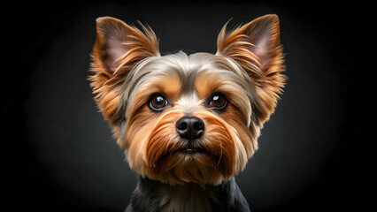 Fototapeta premium Studio portrait photo of a Yorkshire terrier on a black background. Close-up, full-face, Yorkshire terrier, dog, pet, cute