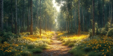 Obraz premium Enchanting forest path showcasing the transition from coniferous to deciduous trees