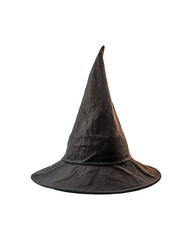 Fototapeta premium Brown witch hat adorned with orange braid and black trim, set against a white background. Ideal for Halloween designs and witch themed visuals. Generative AI