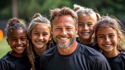 Obraz premium Happy soccer coach with his team