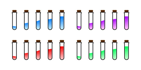 Set of glass bottles. Different color potion flat style on white background. Vector illustration. Design elements for game collection.