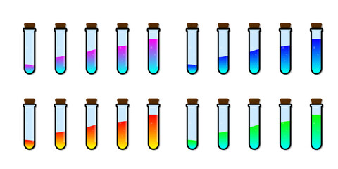 Set of glass bottles. Different color potion flat style on white background. Vector illustration. Design elements for game collection.