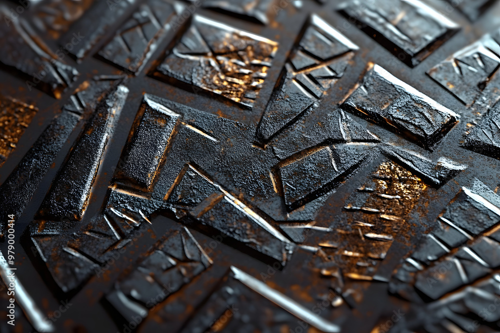 Poster close-up of a textured, metallic surface with raised geometric patterns and intricate details, refle