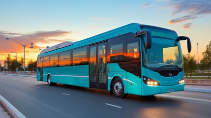 Bright turquoise bus driving on a city street during sunset with colorful clouds overhead