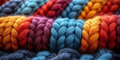 Vibrant Close Up of Colorful Knitted Wool Fabric with Complex Patterns and Warm Hues for Autumn and Winter Projects