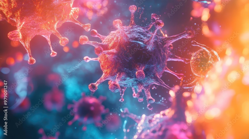 Poster Vibrant digital illustration of a virus, showcasing intricate structures and colorful details in a dynamic, abstract environment.
