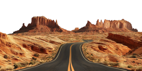 Winding canyon road through red rock desert, cut out