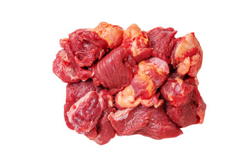 Meat pieces, fresh, raw meat on white background, top view, isolated