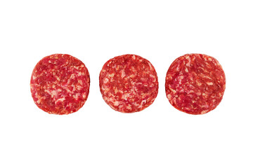 Minced meat cutlets, fresh minced meat, beef, raw cutlets, on a white background, isolated