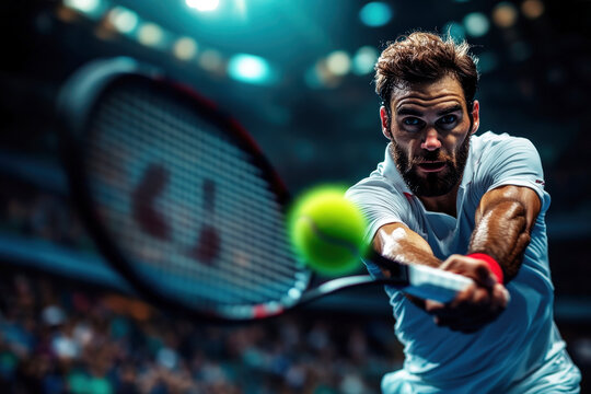 A male tennis player returns a ball with power and focus under glaring lights. His performance exemplifies agility, determination, and athletic excellence.