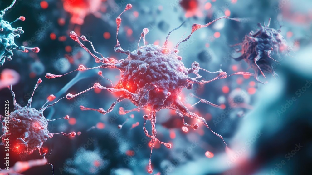 Poster Close-up view of vibrant, microscopic viruses showcasing intricate details and glowing features in a digitally enhanced environment.