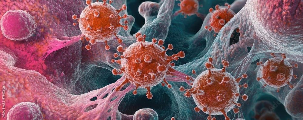 Poster colorful microscopic image of viruses interacting with cells, showcasing intricate details of cellul