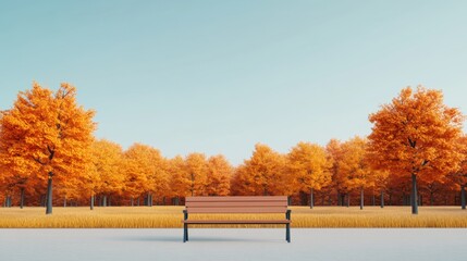 A serene park scene featuring a wooden bench surrounded by vibrant autumn trees under a clear blue sky