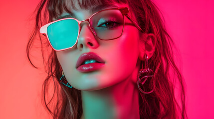 Fototapeta premium A vibrant portrait of young girl from the 80s and 90s, featuring bold neon colors. Vintage trends 