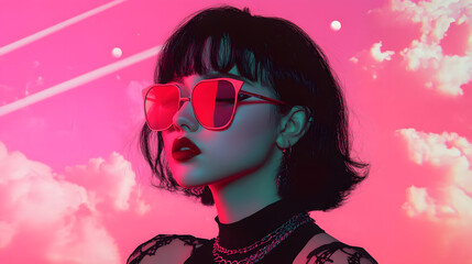 A vibrant portrait of young girl from the 80s and 90s, featuring bold neon colors. Vintage trends
