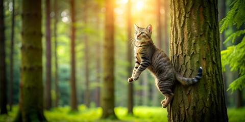 Fototapeta premium Cat climbing a tall tree in a lush forest, cat, tree, forest, nature, outdoors, wildlife, climbing, adventure, feline, green, leaves