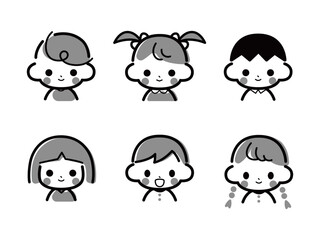 男の子と女の子のシンプルなモノクロアイコンセット