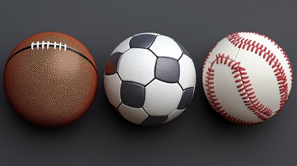 American Football, Soccer, and Baseball Balls on Grey Background