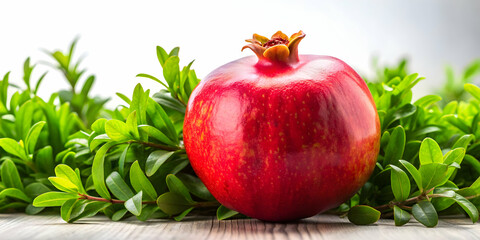 Ripe pomegranate on white background surrounded by lush greenery, Pomegranate, ripe, red, fruit, greenery, white background