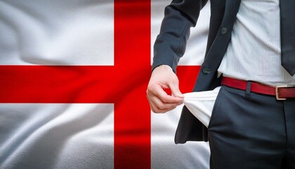 Close-up of a hand in a suit showing an empty pair of trousers in front of the england flag. Topic Crisis and unemployment in england