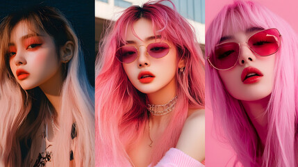 Fototapeta premium A vibrant portrait of young girls from the 80s and 90s, featuring bold neon colors, high-waisted jeans, scrunchies, and big hair. They exude youthful energy and nostalgic charm
