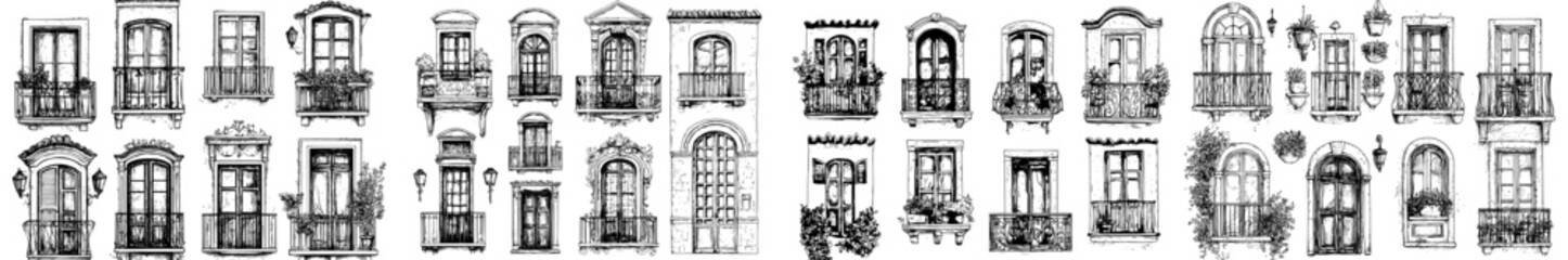 Doodle collection of different size window frames and balcony facades of buildings. Architecture and outdoor design illustration set.