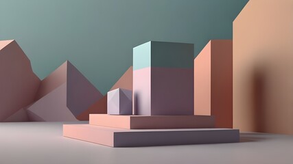 Abstract minimal concept. Pastel multi colour background with podium, abstract geometric cube box landscape. Mock up template for product presentation. 3D rendering. copy text space