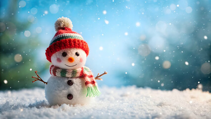 Fototapeta premium Adorable miniature snowman in design, snow, winter, cute, holiday, festive, decoration, seasonal, cold, small, Christmas, snowflake