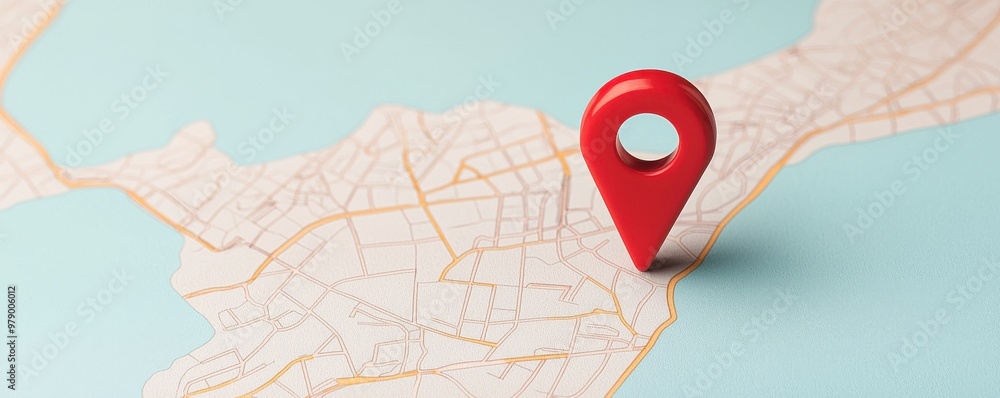 Poster red location pin on a map, symbolizing navigation and direction in a modern travel context.