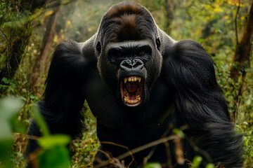 Obraz premium A fierce gorilla roaring in a lush forest setting.