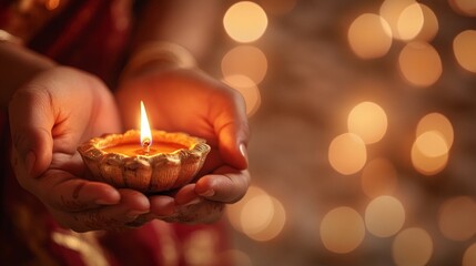 Hands holding a traditional Diya lamp with a glowing flame, symbolizing celebration and spirituality, with bokeh lights in the background

Concept: diya lamp, Indian tradition, celebration, spirituali