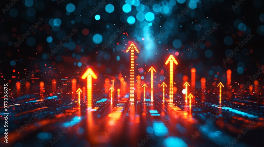 Poster digital background featuring glowing arrows pointing upwards on digital charts, representing busines