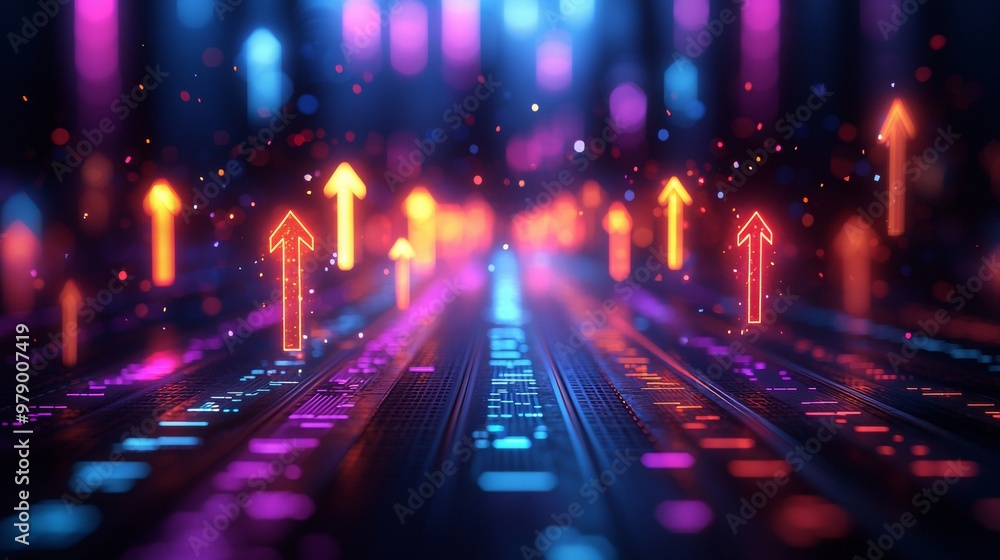 Poster digital background featuring glowing arrows pointing upwards on digital charts, representing busines
