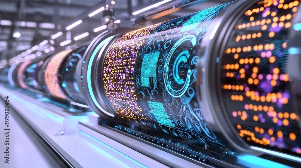 Poster futuristic data center server racks with illuminated digital screens and circuitry