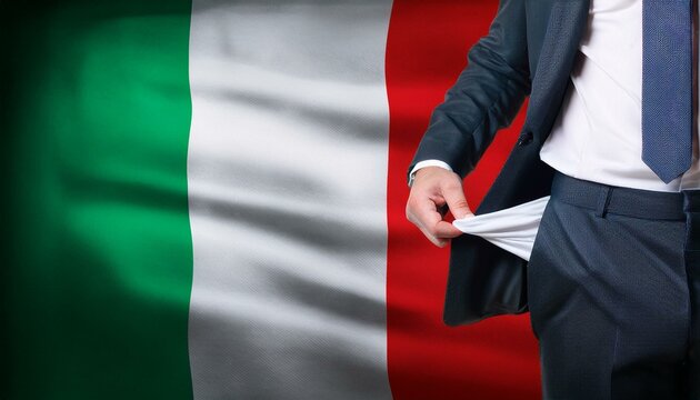 Close-up of a hand in a suit showing an empty pair of trousers in front of the italy flag. Topic Crisis and unemployment in italy.