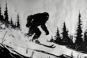 A cartoon Bigfoot with dark fur and glowing eyes skis through a forest of tall pine trees and distant mountains.