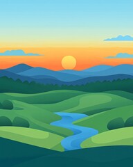 A colorful sunset over rolling hills and a winding river.