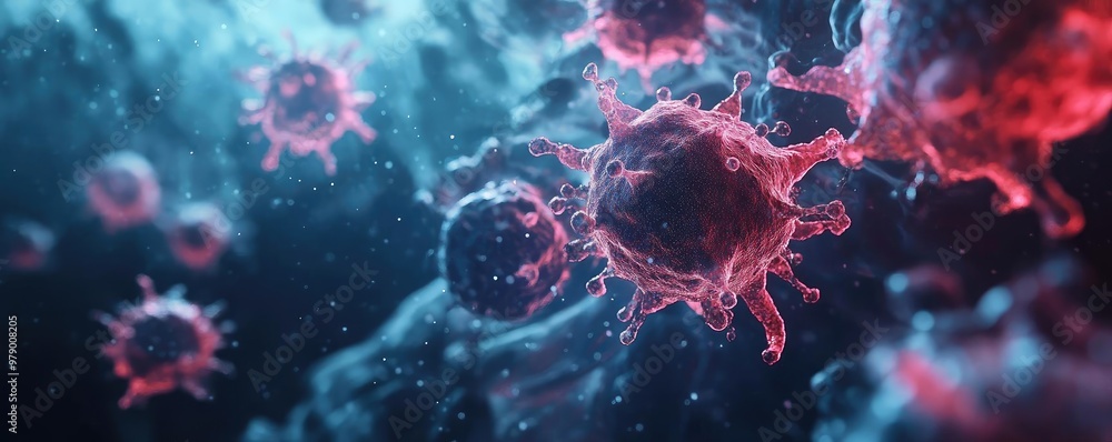 Poster intricate visualization of viruses in vibrant colors, showcasing biological structures in a microsco