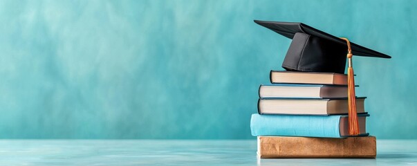 A stack of books topped with a graduation cap, symbolizing education and achievement in a vibrant setting.