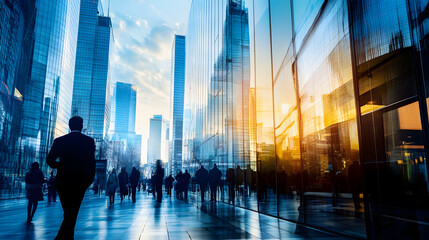 Business people professionals stands in silhouette against a cityscape with towering skyscrapers