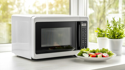 Modern white microwave with fresh salad beside it