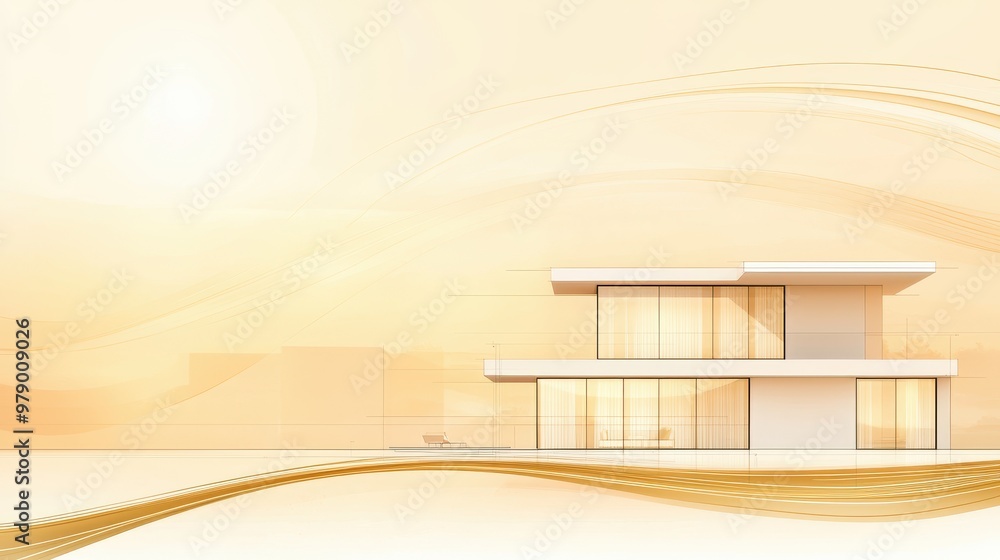 Poster modern architecture house sketch with golden abstract background