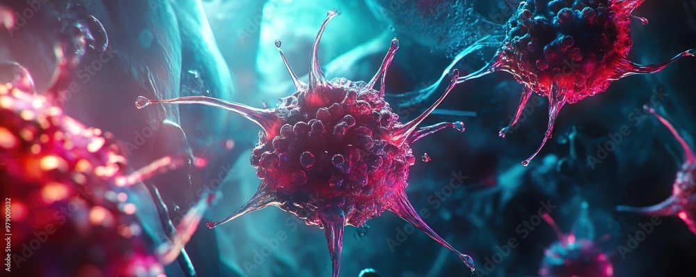 Poster close-up of a vibrant virus in an abstract digital environment, showcasing intricate details and viv