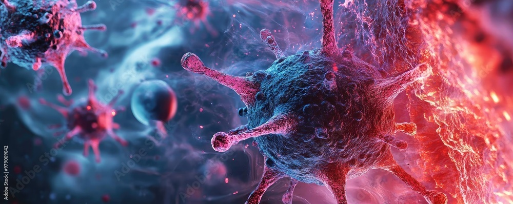 Poster vivid depiction of a virus in high detail, showcasing vibrant colors and intricate structures that r