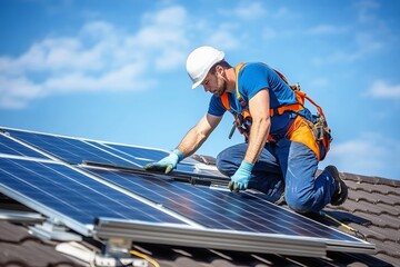 A solar technician installs a system on the roof of a house.