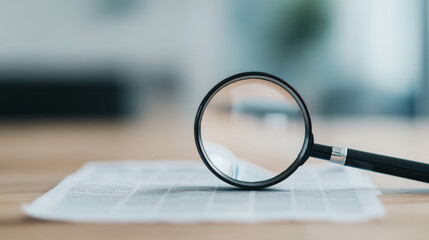 Fototapeta premium A magnifying glass enlarges small text on a piece of paper, symbolizing focus, attention to detail, and investigation in a close-up shot. 