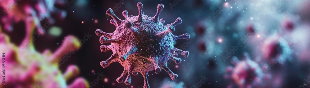 Poster close-up of a vibrant virus structure, showcasing detailed textures and colors in a microscopic view