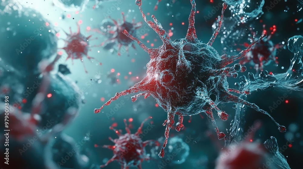 Aufkleber Microscopic view of a virus showcasing intricate structures with vibrant colors, illustrating the complexity of microorganisms.