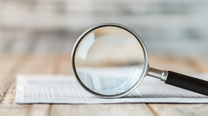 Fototapeta premium A magnifying glass enlarges small text on a piece of paper, symbolizing focus, attention to detail, and investigation in a close-up shot. 
