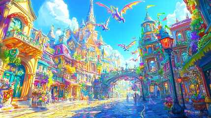 Vibrant fantasy village with colorful architecture and dragons
